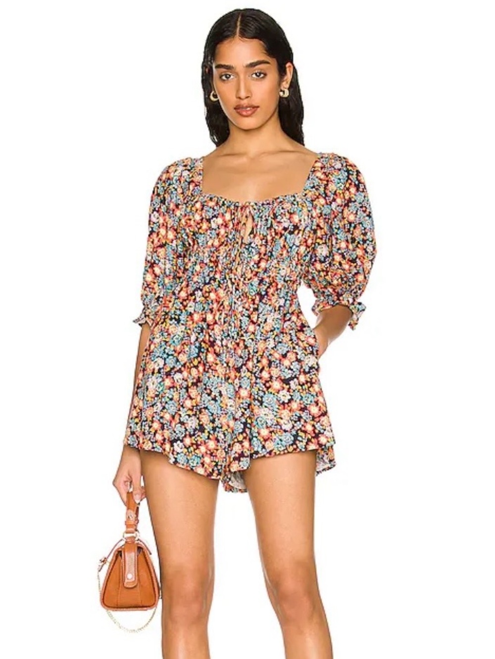 Free People Women’s Size XS Romper Floral Multicolor Show Me Love Puff Sleeve